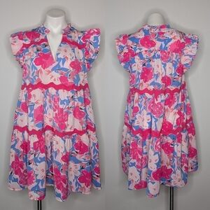 Umgee pink blue floral v neck dress M